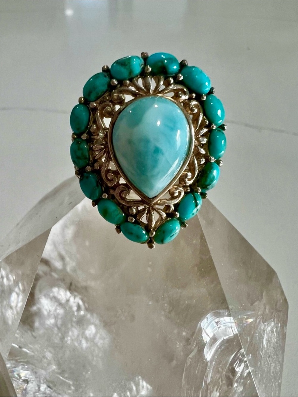 Signed NK 925 Thailand Larimar Turquoise Statement Ring Sterling Silver 7